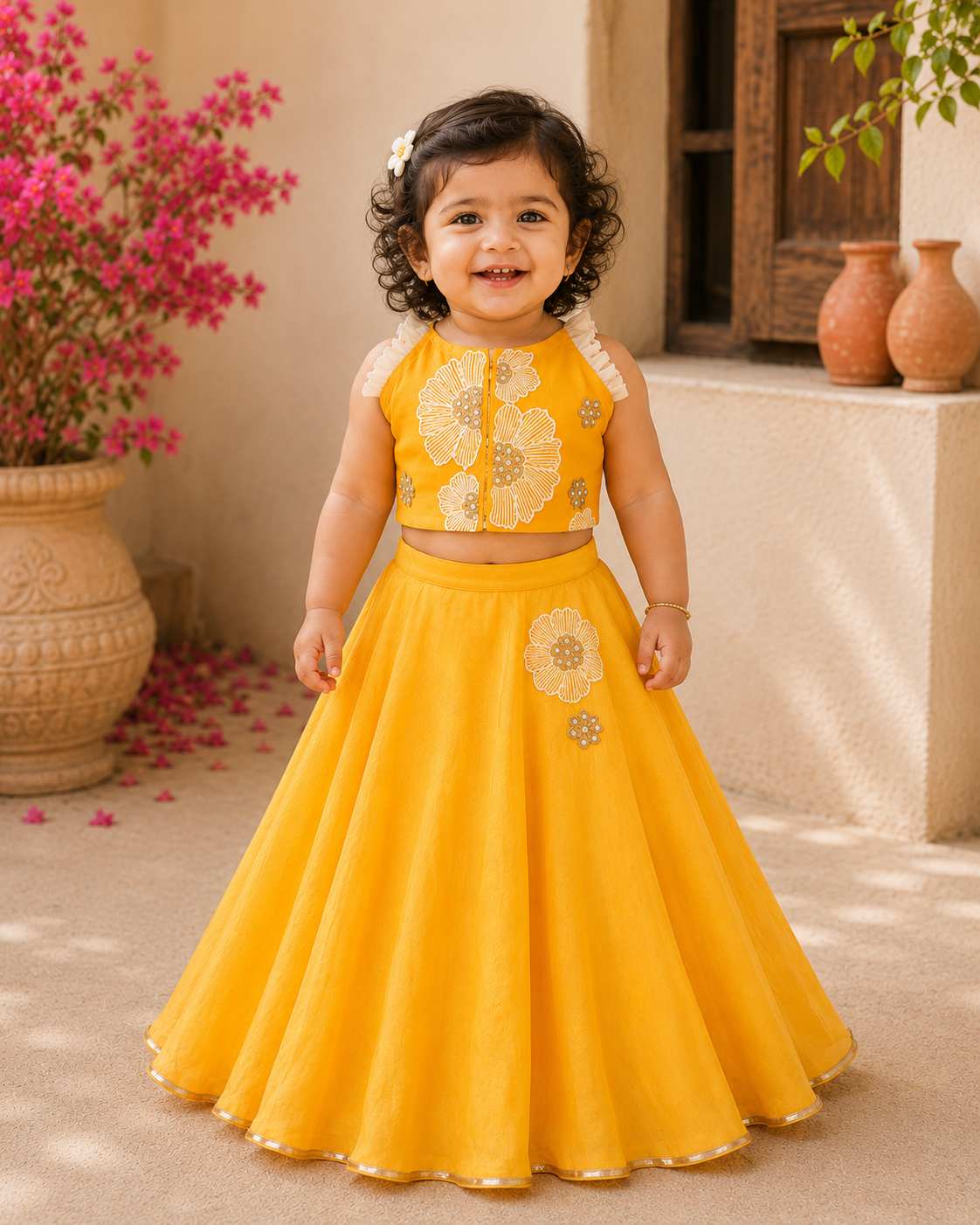 Yellow floral halter infant girls lehnga