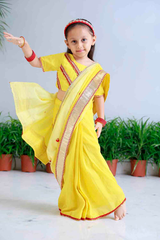 Yellow shaded pre draped sari for infant girls