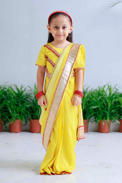 Yellow shaded pre draped sari for infant girls