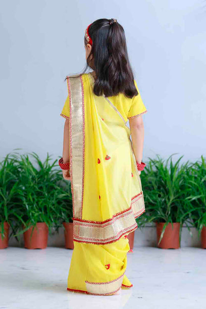 Yellow shaded pre draped sari for infant girls